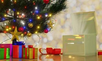 pinos decorativos para la temporada navideña, bolas decorativas y luces intermitentes, celebraciones navideñas y de año nuevo. brillante luz dorada fondo bokeh alegría. representación 3d