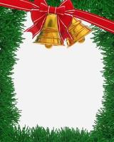 marco o plantilla de borde para una tarjeta de navidad. cinta roja o lazo, borde plateado para cajas de regalo. hojas de pino para decoración navideña. representación 3d foto