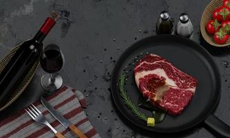 Fresh beef for steaks With olive oil on top Place on a Teflon pan. Seasoning of white pepper and black pepper, decorated with cherry tomatoes. Black Marble Table There is a knife and fork.