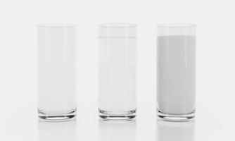 vidrio sobre fondo blanco con reflejo. agua clara en vaso transparente. leche en vaso transparente. representación 3d foto