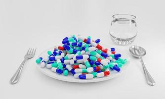 muchas cápsulas de medicina están llenas de platos blancos con cuchara y tenedor sobre un fondo blanco. el concepto de tomar medicamentos o vitaminas nutritivas en lugar de alimentos. representación 3d foto