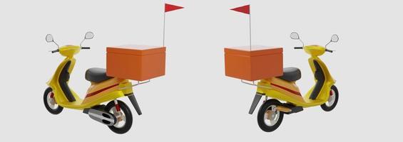 motocicleta modelo amarilla con caja naranja y fragmento rojo para la entrega de alimentos conceptuales. aislado sobre fondo blanco y papel tapiz. representación 3d foto