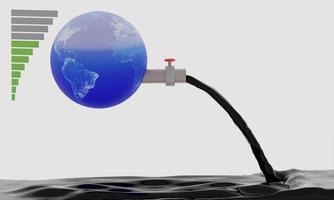 Earth day and Save the world concept. When use many Crude oil the Earth low power and Near death.  Crude oil pipe  and power gage on white background. 3D Rendering.