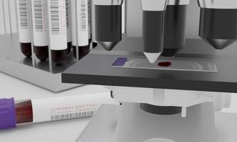 foto de un microscopio de laboratorio con una muestra de sangre en un portaobjetos de vidrio. tubos de ensayo con etiqueta de prueba de sangre y coronavirus aislados sobre fondo blanco. concepto para probar el virus de la corona. representación 3d