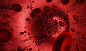 glóbulos rojos en una arteria o vaso sanguíneo, flujo dentro del cuerpo, atención médica humana. representación 3d foto