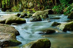 The river flows through the rocks of the creek in the forest. a beautiful scenery