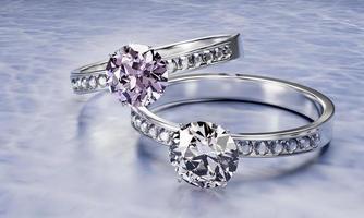 el diamante grande está rodeado de muchos diamantes en el anillo de oro platino colocado sobre un fondo gris. Elegante anillo de bodas con diamantes para mujer. representación 3d foto