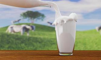 vierta leche fresca de una botella de vidrio transparente. vierta la leche desbordante en una mesa de madera. el fondo es un amplio campo con vacas lecheras caminando. representación 3d