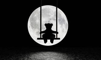 Silhouette of a teddy bear sitting on a swing There was a big rope hanging. The background image is a large moon shining with a reflection on the water surface or river. Sad and lonely. 3D rendering photo