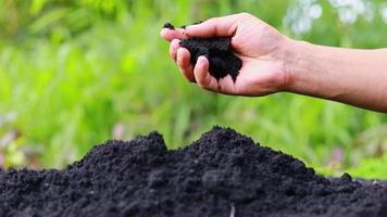 bondens händer plöjer jorden för att förbereda för plantering. video