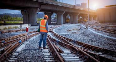 Engineer railway under  checking construction process train testing and checking railway work on railroad station with radio communication .Engineer wearing safety uniform and safety helmet in work. photo