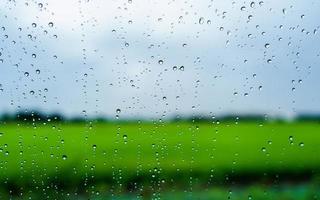 Rain droplets on surface of car glass with blurred green nature background through window glass of car covered by raindrops. Freshness after rain. Wet windscreen shot from inside car. Selective focus. photo