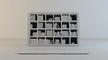 biblioteca en la pantalla de la computadora limpia blanca, fondo gris 3d renderizado foto