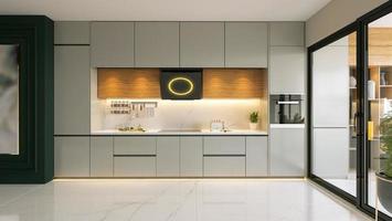 Modern wood and lacquer kitchen cabinet with green wall 3d rendering photo