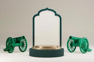 Islamic display podium decoration background with cannon, lantern,Green color , ramadan kareem, mawlid, iftar, isra miraj, eid al fitr adha, muharram, copy space text, 3D illustration. photo