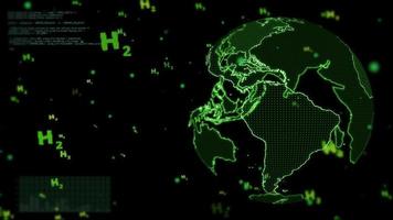 digital global con burbujas de texto verde h2 sobre fondo negro, concepto de energía limpia de hidrógeno verde en todo el mundo