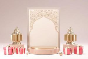 Ramadan kareem islamic greeting background with realistic 3d golden crescent moon, gift box and lantern. Creative design greeting card, banner, poster. Traditional Islamic holy holiday, 3D rendering photo