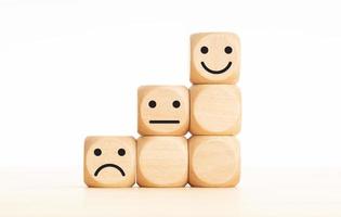 Rating customer experience, Satisfaction survey concept. Wooden blocks with emoticon. Copy space photo