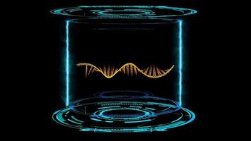 mRNA simulation molecule particles orange color rolling in digital laboratory capsule with laser burning flame on the black screen video