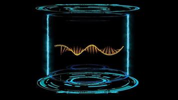 mrna-simulationsmolekülpartikel orange farbe rollen in digitaler laborkapsel mit laserbrennender flamme auf dem schwarzen bildschirm video