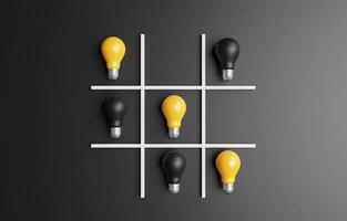 Juego de ox o tic tac toe mediante el uso de bombillas amarillas y negras realistas para el pensamiento inteligente creativo para el concepto de inspiración e innovación mediante renderizado 3d. foto