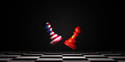 La batalla entre el ajedrez de EE. UU. y el ajedrez de China en el tablero de ajedrez para la guerra militar y comercial, los Estados Unidos de América y China tienen mucha competencia para obtener el liderazgo mediante la representación en 3D. foto