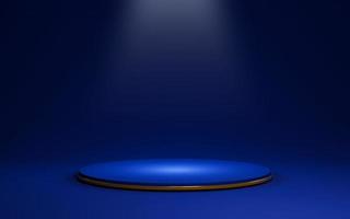 Blue round podium with golden ring and shiny glowing light for show or display product of advertisement concept by 3d rendering. photo