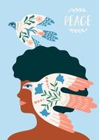 Peace. Woman and dove of peace. Vector illustration. Elements for card, poster, flyer and other