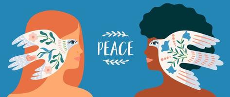 Peace. Women and dove of peace. Vector illustration. Elements for card, poster, flyer and other