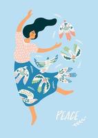 Peace. Woman and dove of peace. Vector illustration. Elements for card, poster, flyer and other