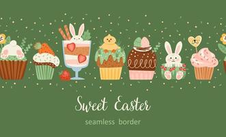 borde sin costuras de pascua con dulces divertidos. cupcake, pastel, postre con símbolos de Pascua. diseño vectorial