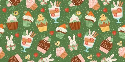 Easter seamless pattern with funny sweets. Cupcake, cake, dessert with easter symbols. Vector design