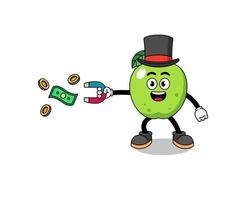 ilustración de personaje de manzana verde atrapando dinero con un imán vector