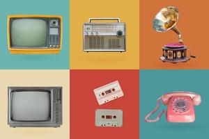 Retro electronics set. Nostalgic collectibles from the past 1980s - 1990s. objects isolated on retro color palette with clipping path. photo