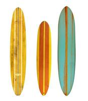 colección de tablas de surf longboard de madera vintage aisladas en blanco con trazado de recorte para objetos, estilos retro. foto