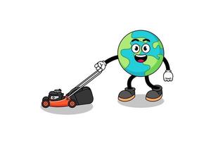 earth illustration cartoon holding lawn mower vector