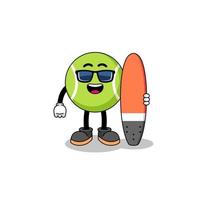 Mascot cartoon of tennis ball as a surfer vector