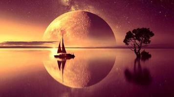 Fantastic Moon Magic Light and Water Boat With Tree Wallpaper photo