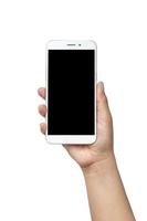 mobile phone with black screen in man hands isolated on white background with the clipping path.