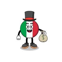ilustración de la mascota de la bandera de italia hombre rico que sostiene un saco de dinero vector