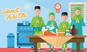 Selamat hari raya aidil fitri greeting card in flat style vector illustration.