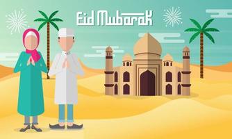 Eid Mubarak greeting card in flat style vector illustration.