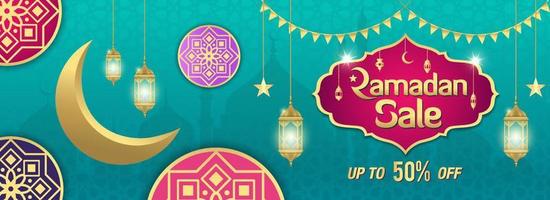 Ramadan Sale, web header or banner design with golden shiny frame, arabic lanterns and golden crescent moon on turquoise background. vector
