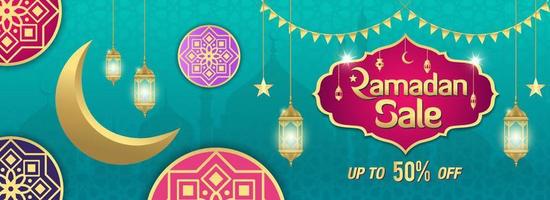 Ramadan Sale, web header or banner design with golden shiny frame, arabic lanterns and golden crescent moon on turquoise background. vector