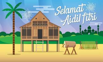 Selamat hari raya aidil fitri greeting card in flat style vector illustration with traditional malay village house