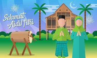 tarjeta de felicitación selamat hari raya aidil fitri en ilustración de vector de estilo plano