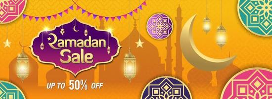 Ramadan Sale, web header or banner design with golden shiny frame, arabic lanterns and golden crescent moon on yellow background vector