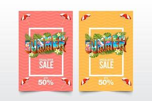 Summer sale banner with vintage summer holiday postcard style and waves background. vector