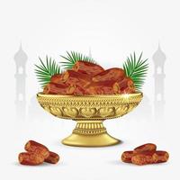 Cuenco vintage de dátiles con hojas de palma aislado sobre fondo blanco. Ramadán iftar comida. ilustración vectorial 3d vector