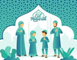 Eid mubarak greeting card. Cartoon muslim family celebrating Eid al fitr with mosque and arabic frame on background. vector